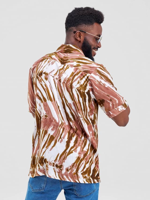 Vazi Afriq Tie & Dye Normal Collar Shirt - Green / Brown
