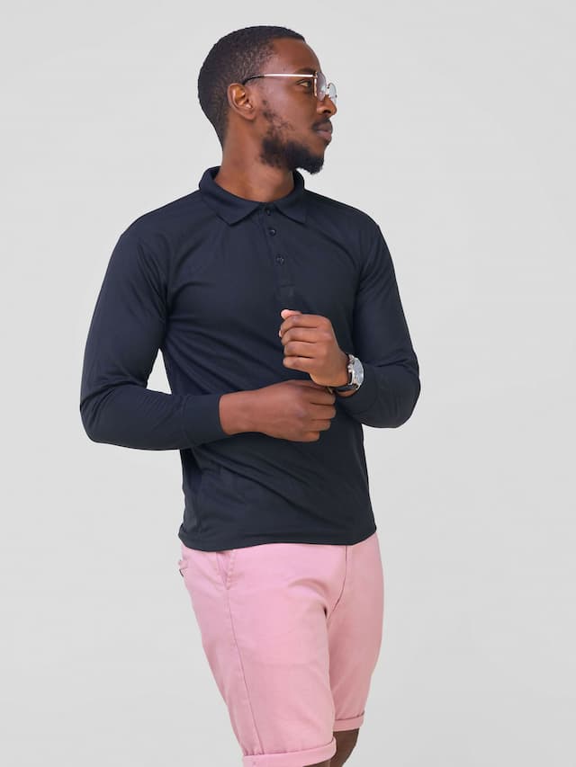 Long Sleeved Polo T - Shirt - Black
