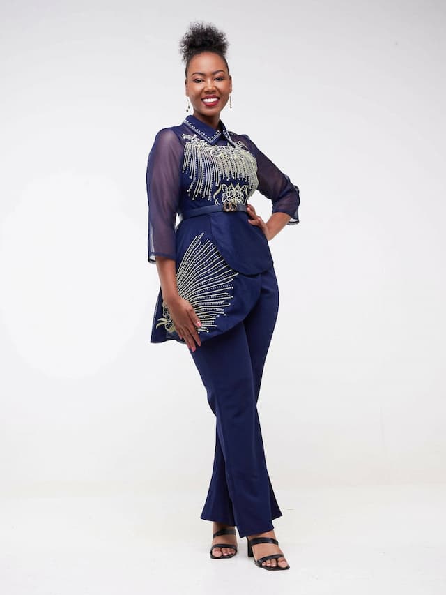 Trouser Suit With Uneven Sequin Top - Blue