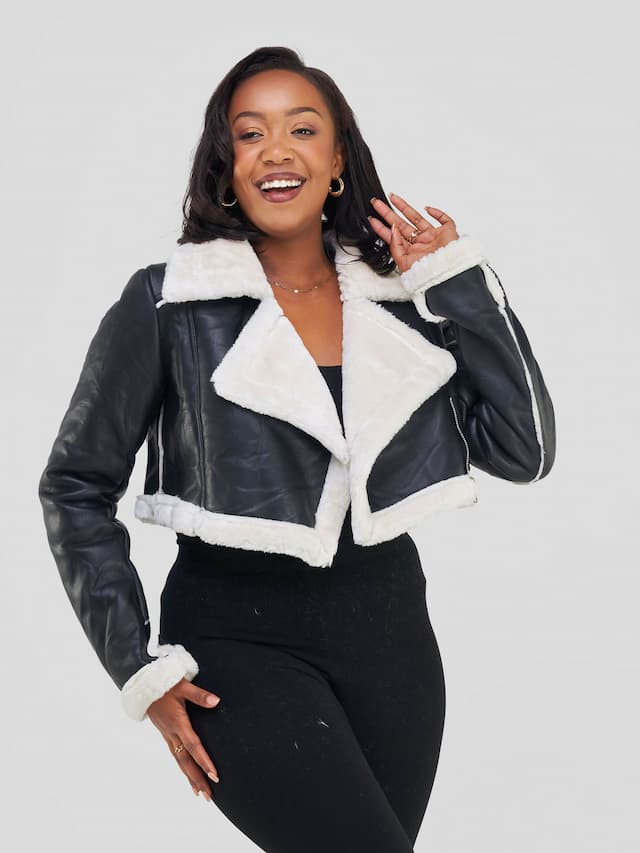 Crop Leather with Fur Jacket - Black / White