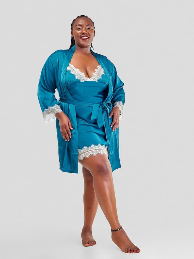 Intimates Kenya Satin Lace Splice Sexy Women Two-piece Home Pajamas - Green