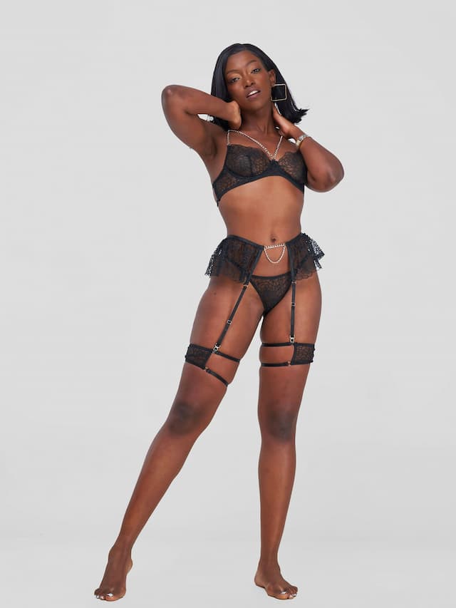 4-Piece Lace Lingerie Set - Black