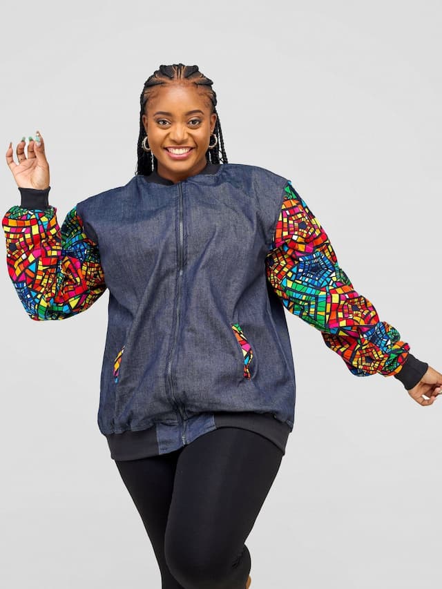 Khay Designs Denim Bomber Jacket - Navy Blue