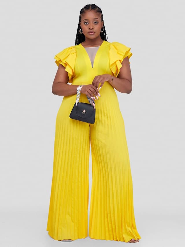 Pleated Flared Jumpsuit - Yellow