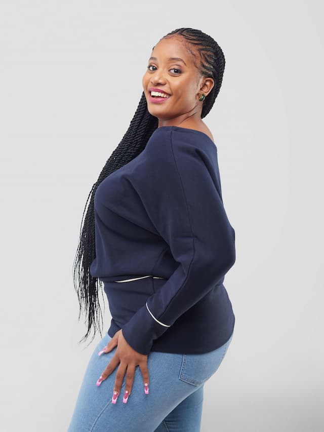 Liliadly Off Shoulder Butterfly Sweater - Navy Blue