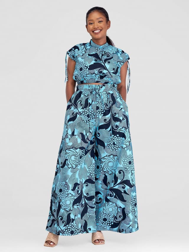 Beqss Tess Wide Leg Pants Set - Aqua Print