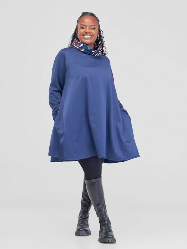 Khay Designs Fleece Dress With Ankara Neck and Pockets - Dark Blue