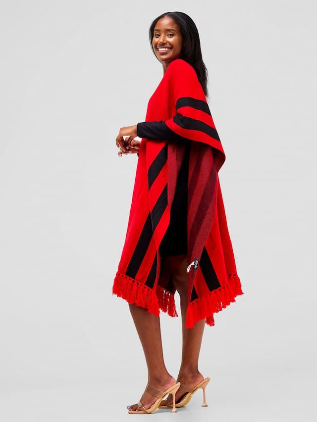 Stari Fringe Poncho - Red / Black