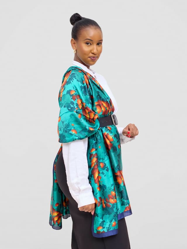 Ukiyo Lifestyle Silk Scarf - Teal Green Print