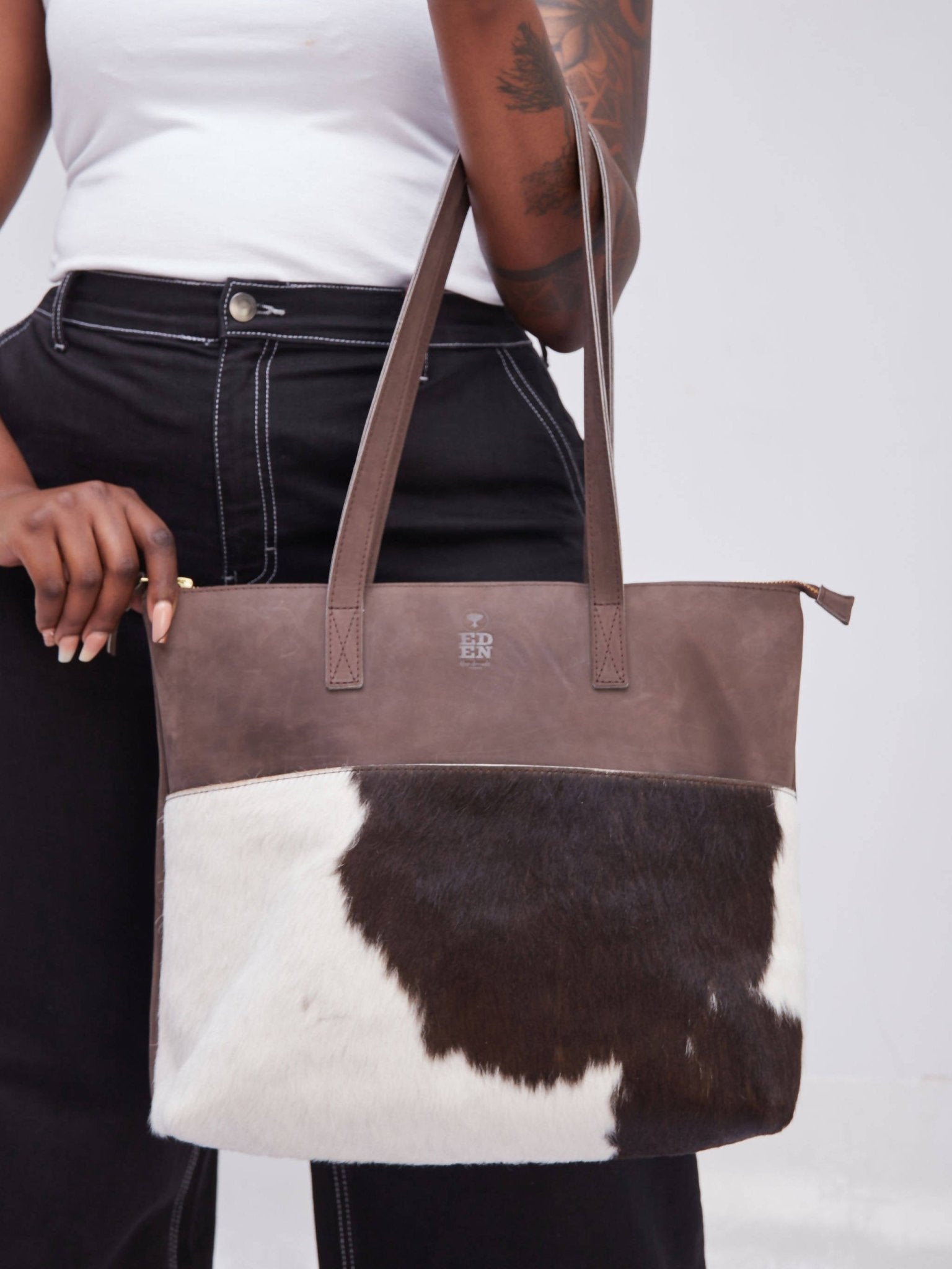 Eden Leather Nanda Tote Bag Hair on - Dark Brown
