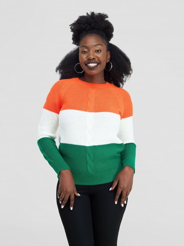 Stylish Sisters Fancy Sweater Top - Orange / White / Green