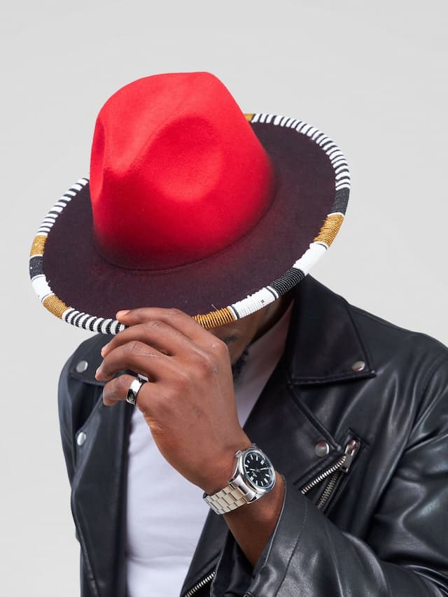 Umbo Collections Two Tone Beaded Fedora Hat - Red