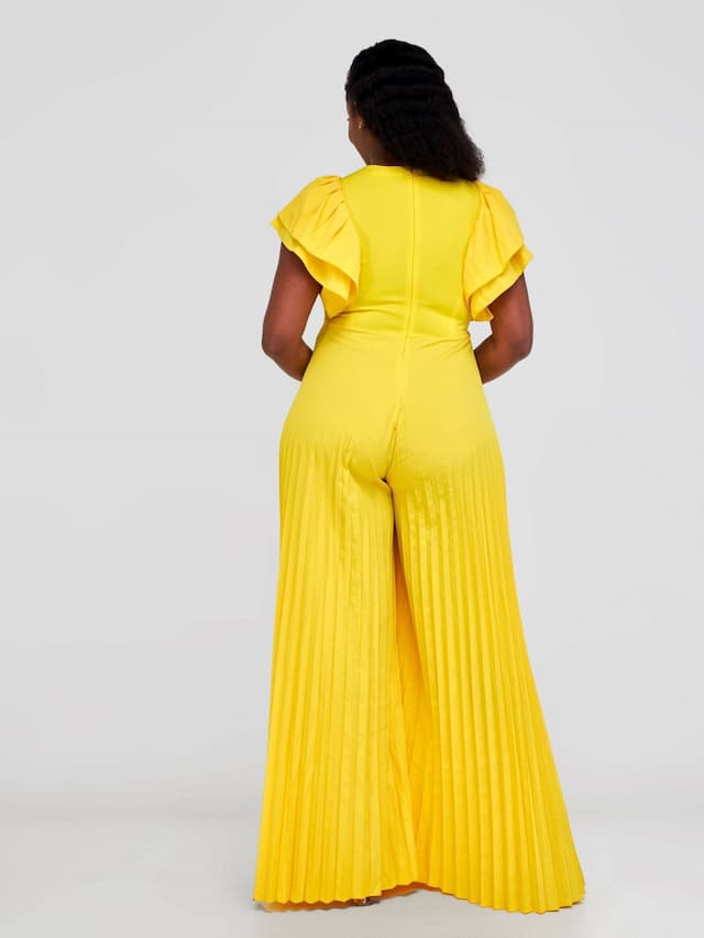 Pleated Flared Jumpsuit - Yellow