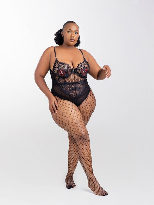 Intimates Kenya Chic Kissable Black Sheer Mesh Backless Bodysuit With Underwire and Fishnets - Black