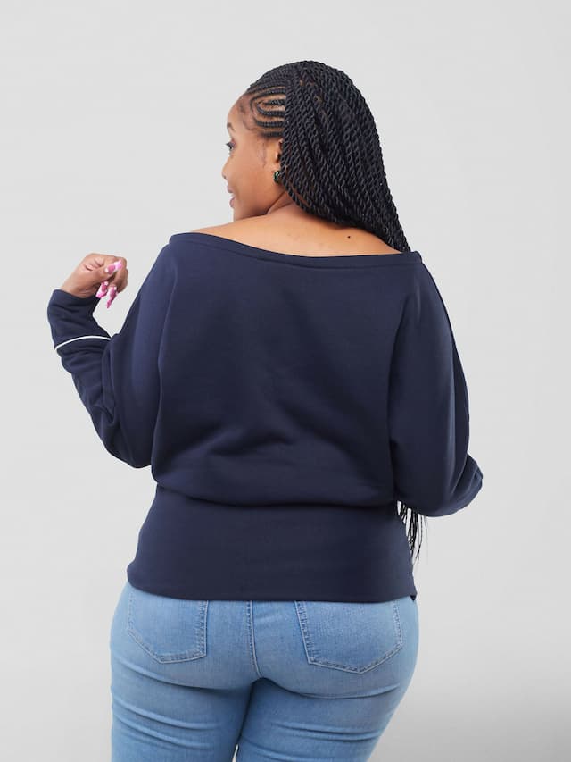 Liliadly Off Shoulder Butterfly Sweater - Navy Blue