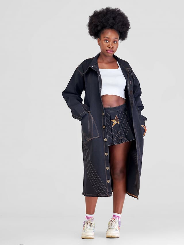 Afristar By Joyleen Long Jacket Coat & Pleated Shirt - Black