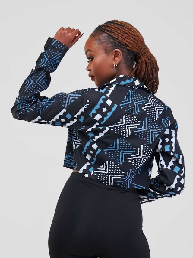 Almasi African Print Crop Jacket - Navy Tribal Print
