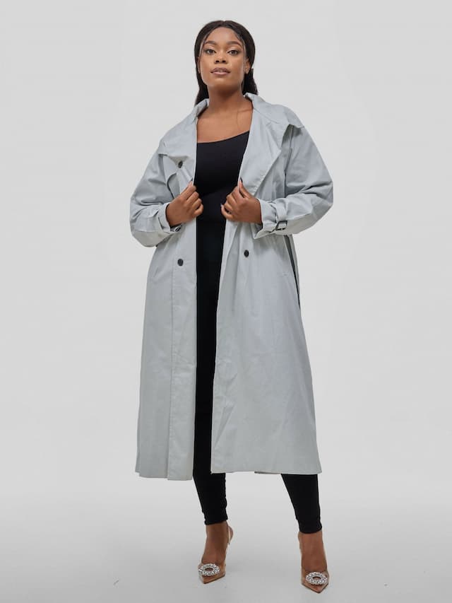 Hessed Double Breasted Buttoned & Belt Trench Coat - Blue