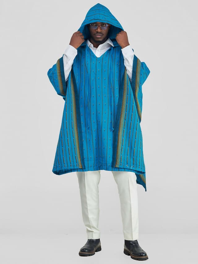 Tribal Print Poncho With Hoodie - Teal
